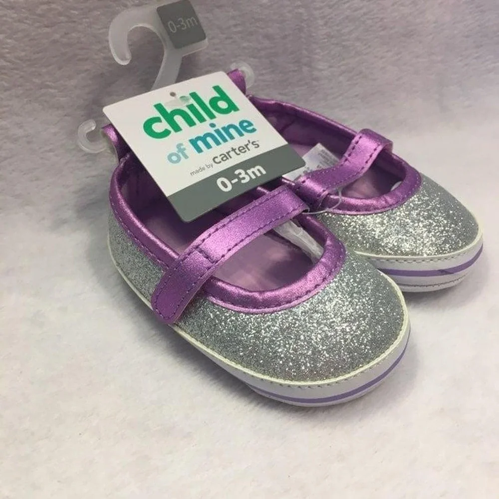 Child of Mine Mary Jane Baby Girl 0-3m Silver Purple New Glitter Crib Shoes